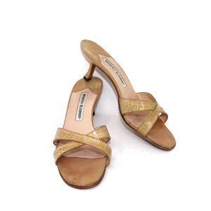 Manolo Blahnik Sz 38 Callamu Alligator Exotic Crocodile Skin Sandal Mules Honey